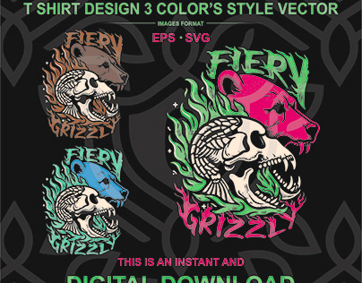 Fiery Grizzly and skull T Shirt Design