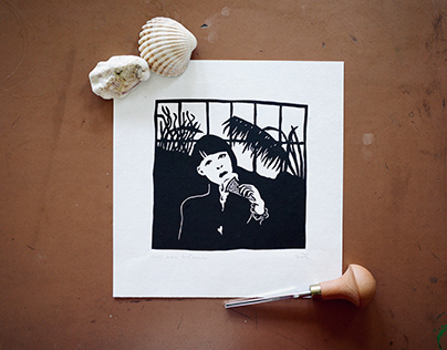 Girl with Ice Cream, Original Lino Handmade print