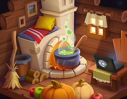 Witch interior, house and tree