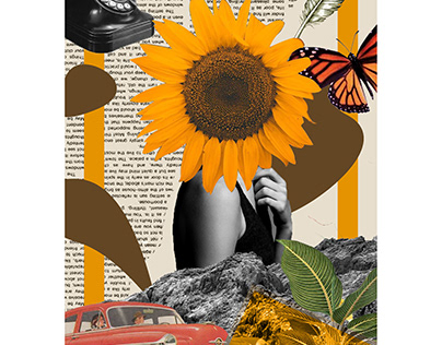 Digital Collage Art Sunflower Black & White Girl