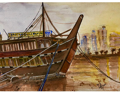 Sharjah Corniche - Watercolor Ship