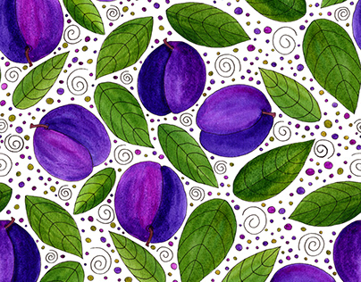 Watercolor Plums and Leaves Seamless Pattern