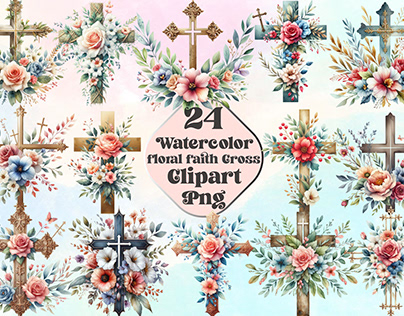 Watercolor Floral Faith cross Clipart