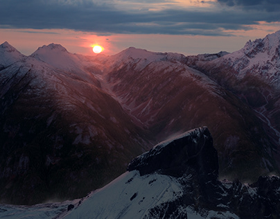 Sunset in mountains top - matte painting