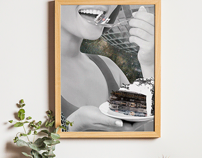 Collage "Musical Taste". Girl eating a piece of cake
