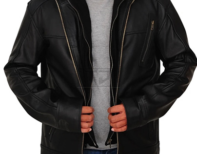 Men Black Leather Jacket With Hoodie