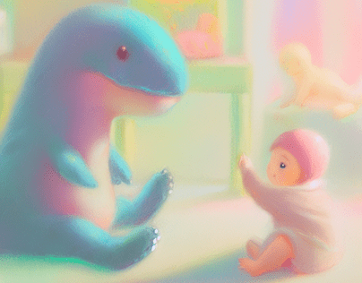 Pastel Colored Baby Dinasour Playing With Human Baby