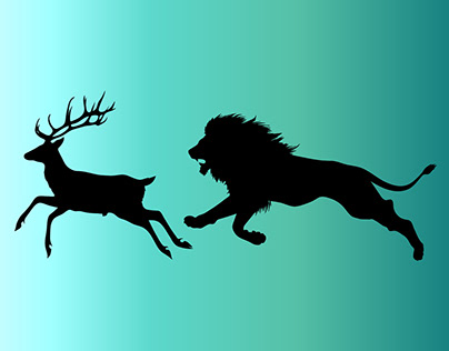 lion chasing deer silhouette isolated on coloring bac.
