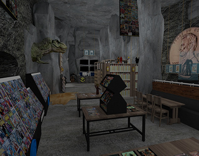 Bat City Comics-Bookstore inside a cave Interior Design