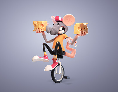 Rat balancing cheese on a unicycle (3D interpretation)
