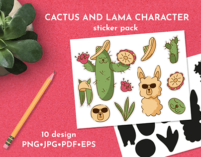 Sticker pack "Cactus and lama character"