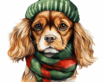Cavalier King Charles puppy dressed in a hat and scarf