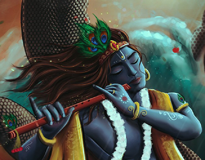 Painting of Hindu God: Krishna playing flute.