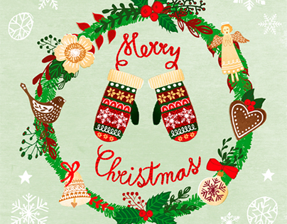 Christmas mittens wreath card - for licence