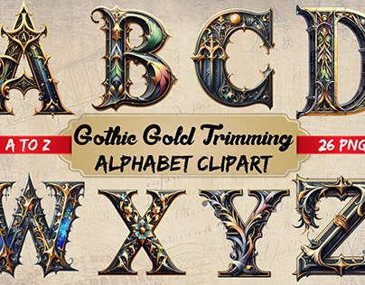 Watercolor Gothic gold trimming Alphabet
