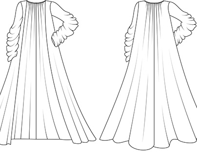Long cape with draped sleeves, Technical sketch