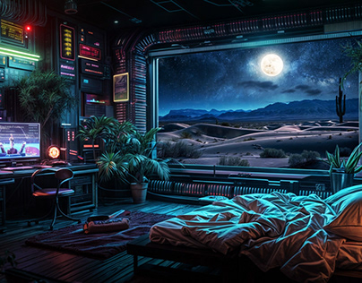 Cyberpunk bedroom with a view of the desert