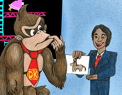 Shigeru Miyamoto in a press shot, in a donkey kong barrel (x-r