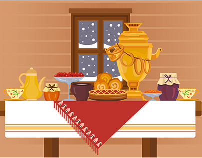Illustration with Russian tea-drinking traditions