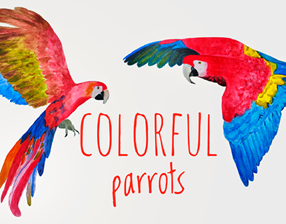 Watercolor set with colorful parrots.