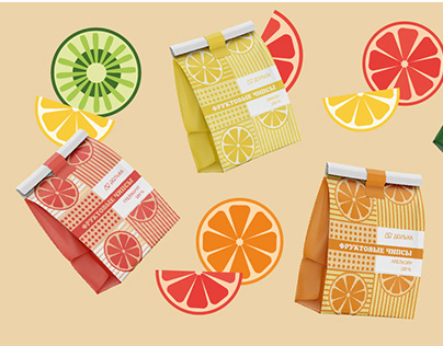 Логотип и дизайн упаковки фруктовых чипсов.