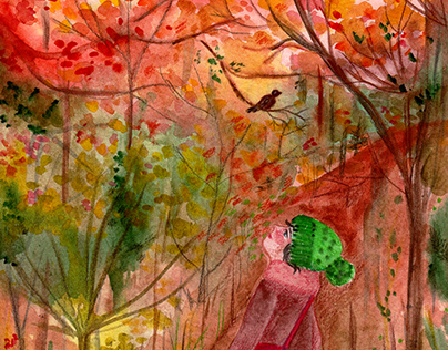 In the autumn forest bird sings songs to you