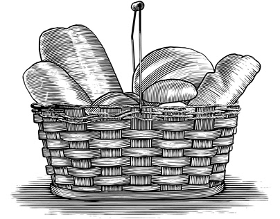 Woodcut illustrations of bread baking items.