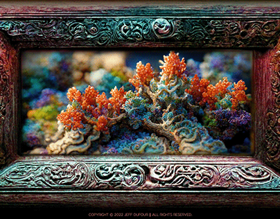 Fractal coral reef in wooden frame