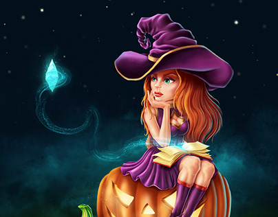 Witch, pumpkins and a magic stone.