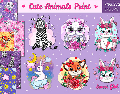 Collection of cute cartoon animal prints