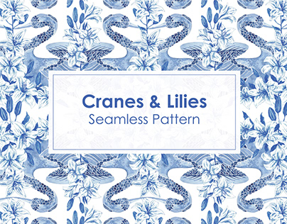 Cranes&Lilies Watercolor Seamless Pattern design
