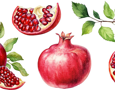 Set pomegranates hand drawn watercolor