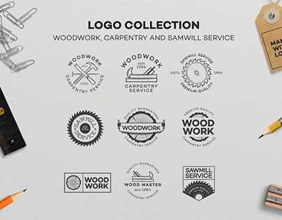 Woodwork, carpentry and sawmill service logo set