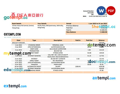 Hong Kong BEA bank statement template Word and pdf