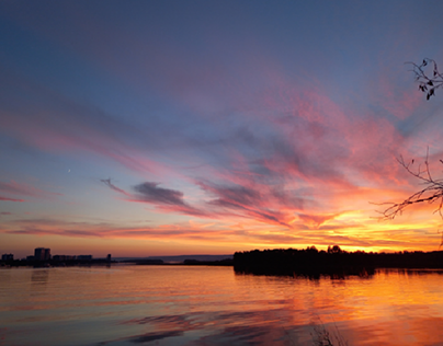 Volga, river, evening, shining sunset.