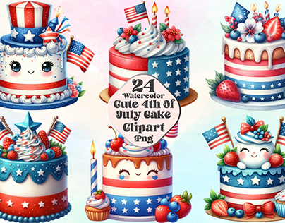 Watercolor Cute 4th Of July Cake Clipart
