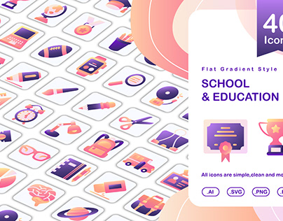 set of education and school icon flat gradient