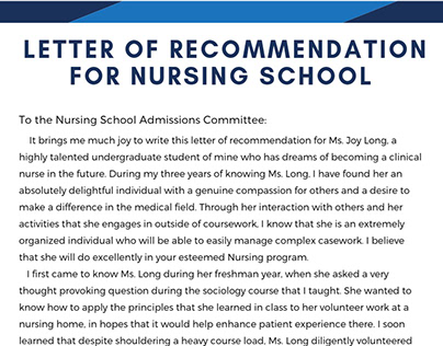 Sample Letter of Recommendation for Nursing School