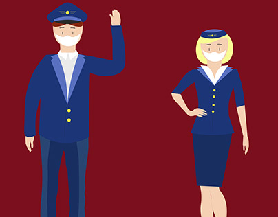airline pilot and stewardess wearing face masks