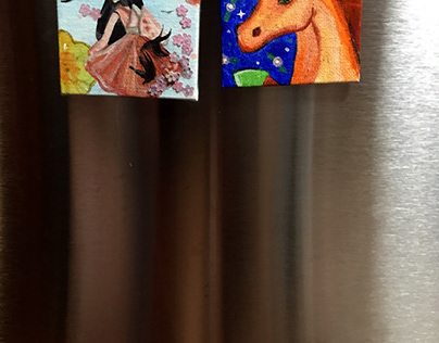 Magnets, horse, lady, glitter, small canvas, 2x2