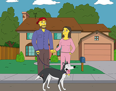 simpsonized couple with a dog