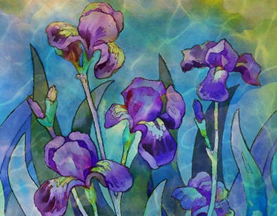 Bright colored watercolor irises in a digital processin