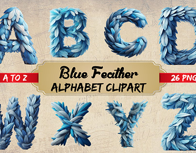 Watercolor blue feather Alphabet Clipart