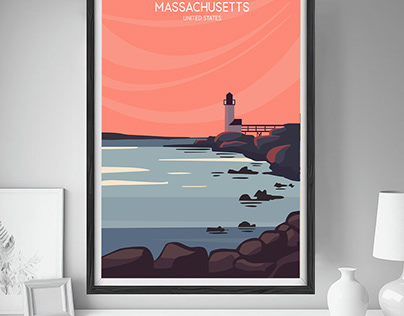Massachusetts, retro color travel poster design