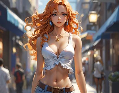 Beautiful Woman with Orange Hair Walking in the City