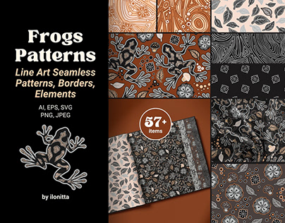 Line Art Frogs Patterns, Borders Collection