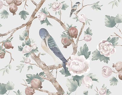 Birds and pomegranates. Hand painted wallpaper design