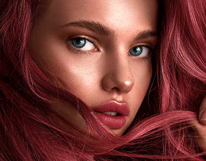 Rosa hair mermaid model with blue eyes