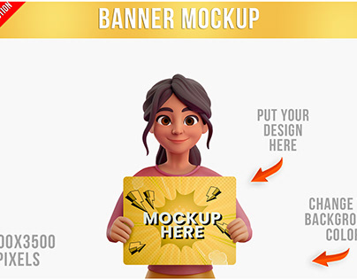 Character of a woman holding a banner mockup