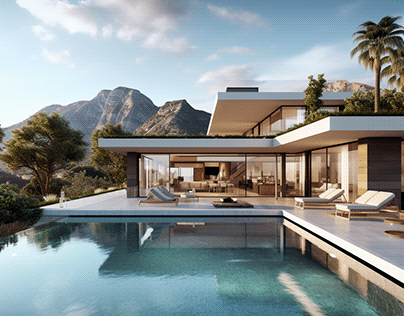 Modern villa building with a straight swimming pool